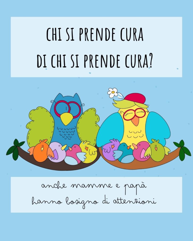 Illustrazione metaforica del caregiver: due gufi genitori accudiscono i piccoli nel nido, simbolo di cura, genitorialità consapevole e attenzione emotiva