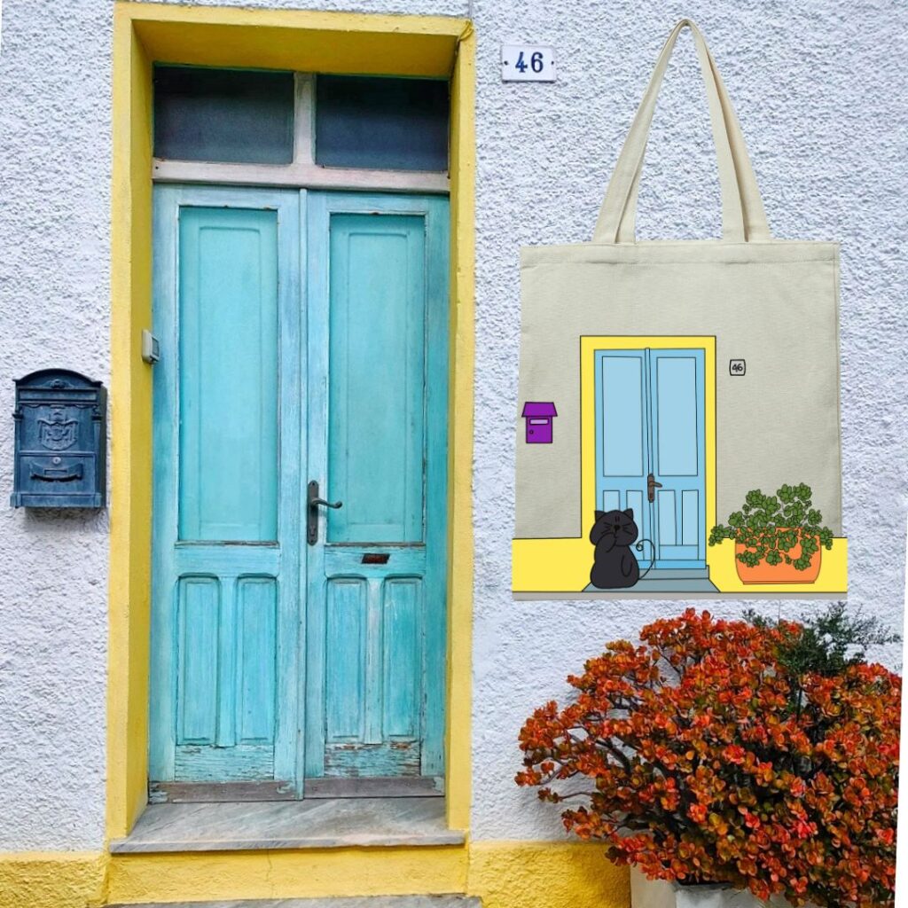 Illustrazione di porte tradizionali di Santa Teresa Gallura stampata su shopper di cotone