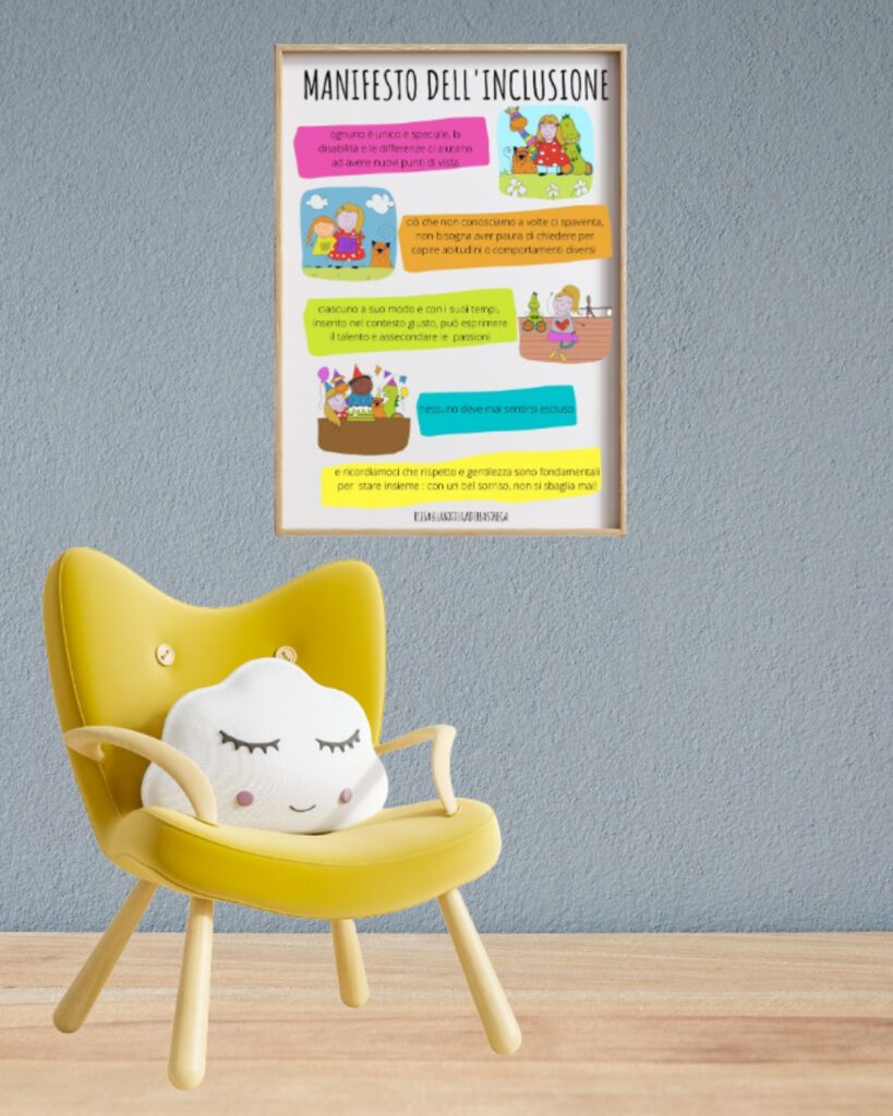 Il Manifesto dell’Inclusione appeso a una parete, pronto per essere diffuso in scuole, studi e spazi educativi.