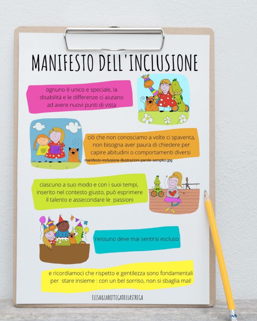 Pagine del Manifesto dell’Inclusione con illustrazioni per bambini e frasi semplici che parlano di rispetto, empatia e diversità.