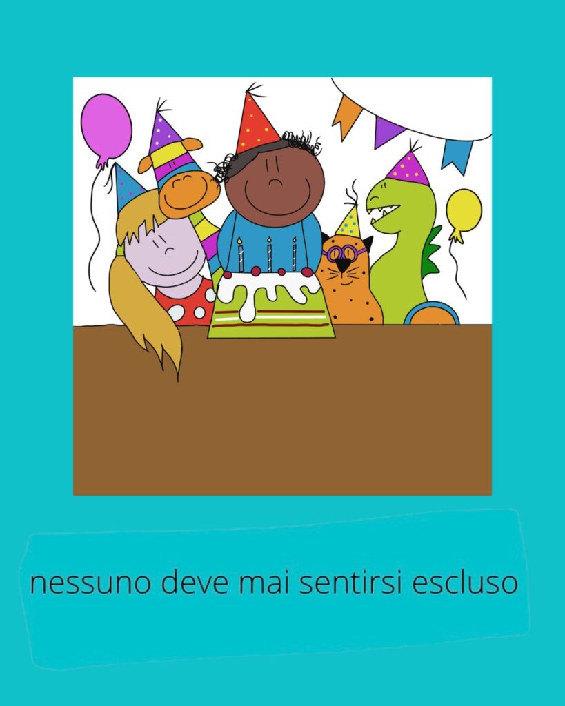 Illustrazione di Elisa a una festa di compleanno con i personaggi, per raccontare l’importanza di non escludere nessuno.