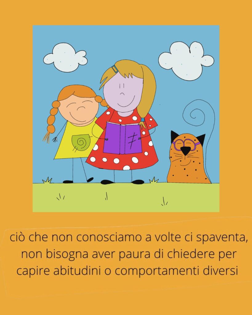 Illustrazione di Elisa che spiega a una bambina e a un gatto che conoscere aiuta a capire comportamenti diversi e favorisce l’inclusione.