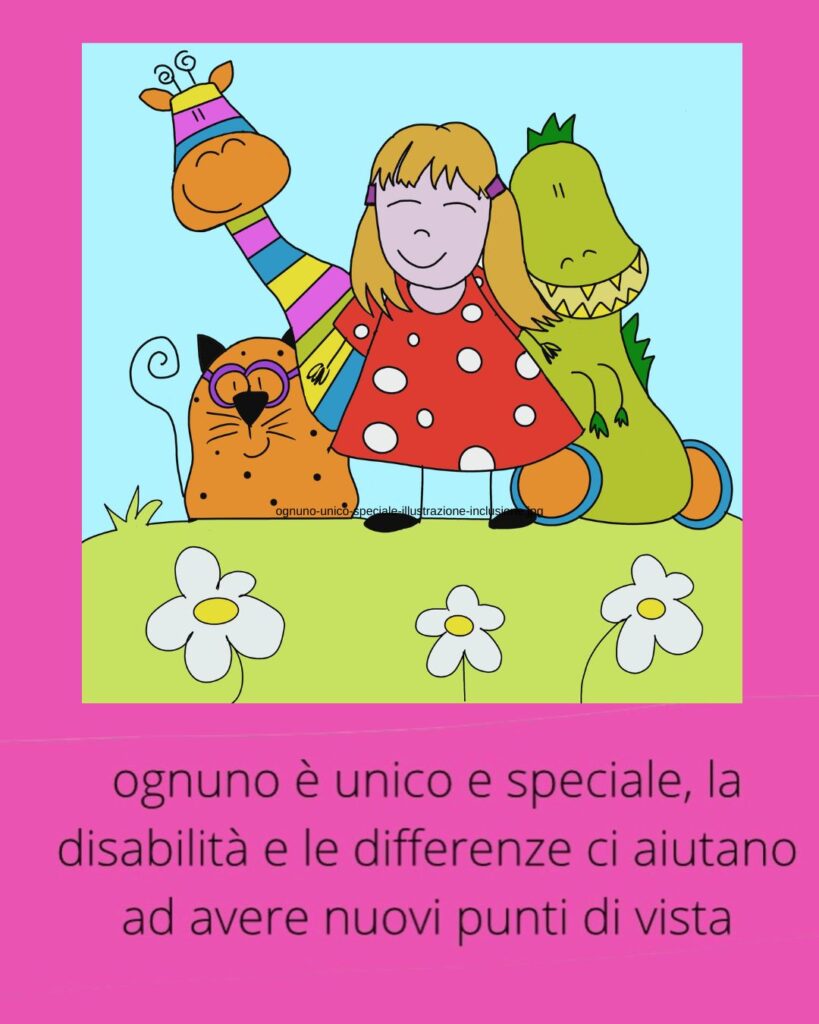 Illustrazione di Elisa in un prato insieme ai personaggi della Bottega della Strega, per raccontare che ognuno è unico e speciale.