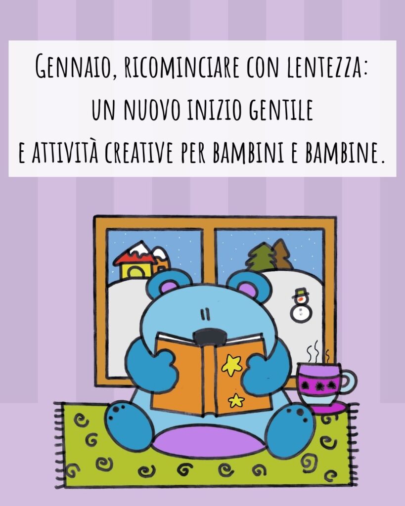 Illustrazione dell’Orso Pisolo che si prende una pausa invernale, simbolo di lentezza, cura e nuovi inizi gentili per bambini e famiglie.