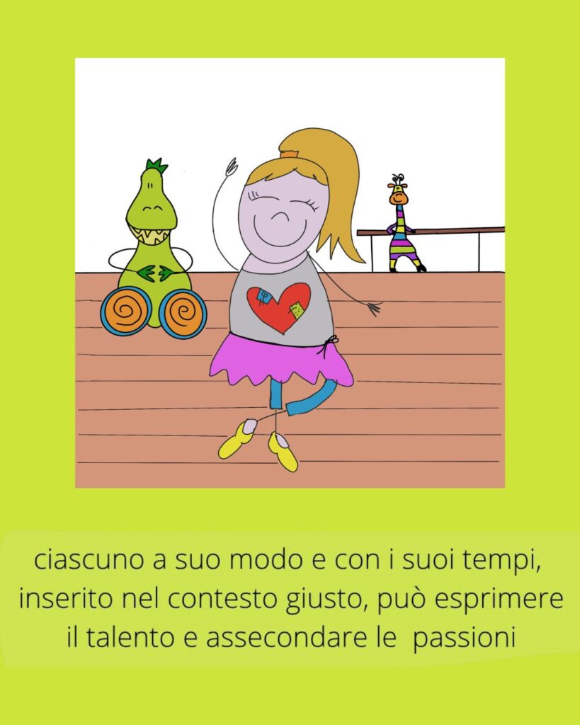 Illustrazione di Elisa a scuola di danza con Dino e Raffa, per raccontare che ognuno ha i propri tempi e talenti se accolto nel contesto giusto.