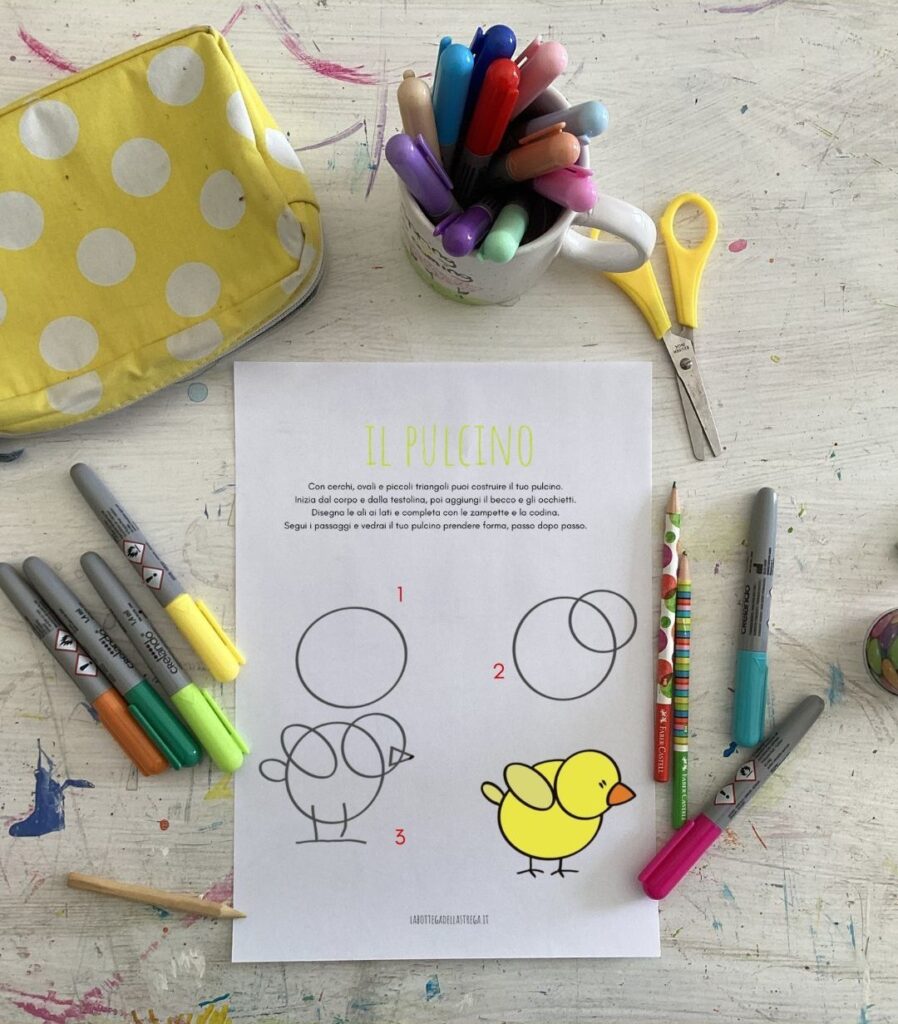Guida al disegno di un pulcino usando forme semplici, attività creativa primaverile per bambini e bambine